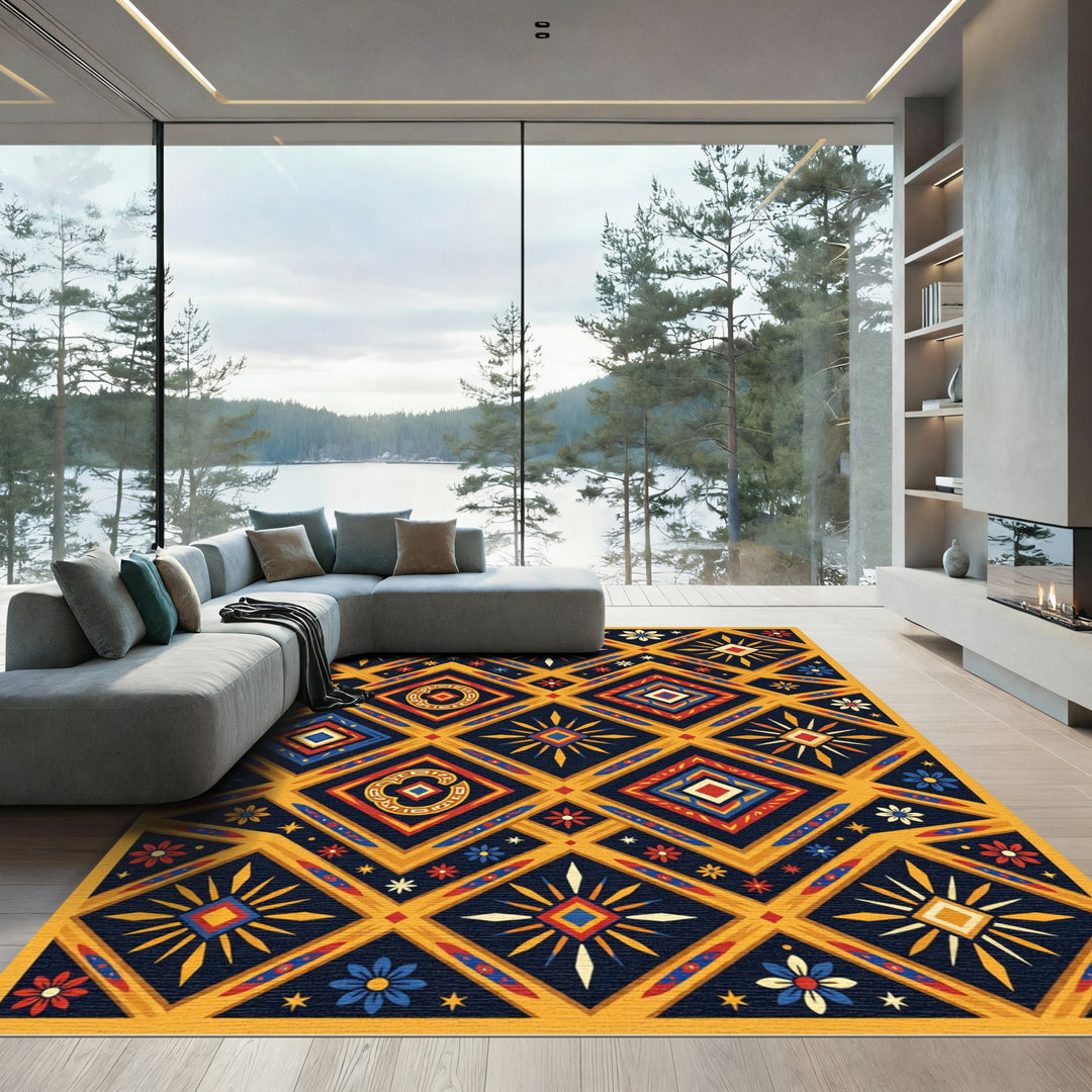 Colorful Geometric Diamond Sunburst Rug
