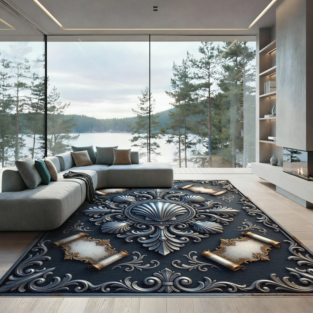 Ornate Seashell Scrollwork Emblem Rug