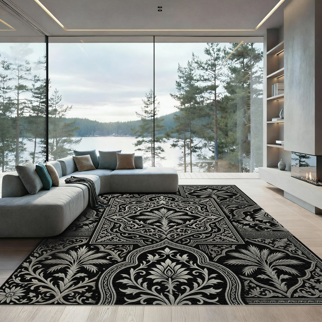 Black White Floral Tree Medallion Composition Rug