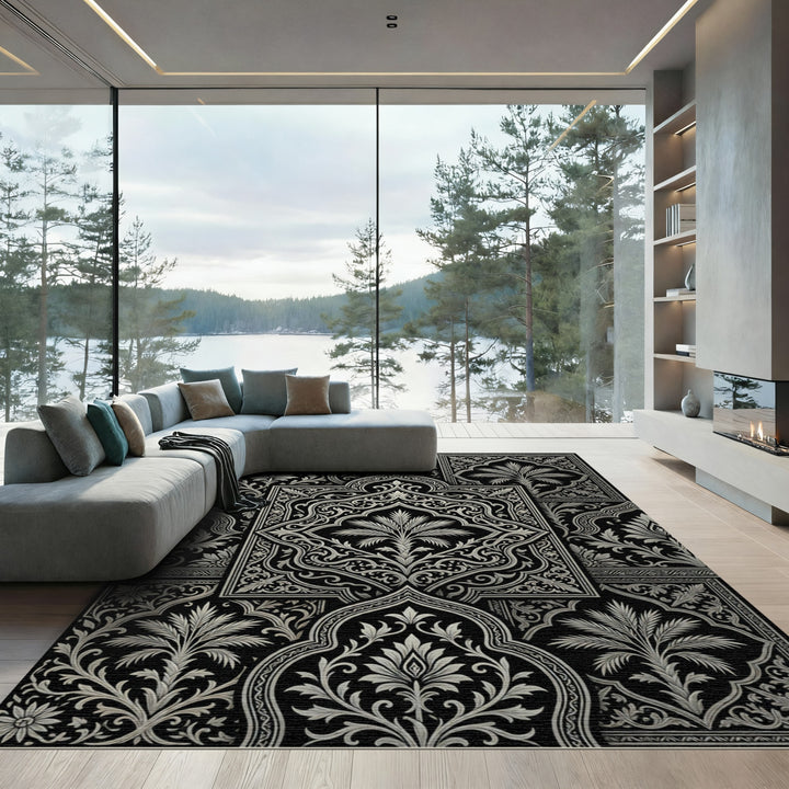 Black White Floral Tree Medallion Composition Rug