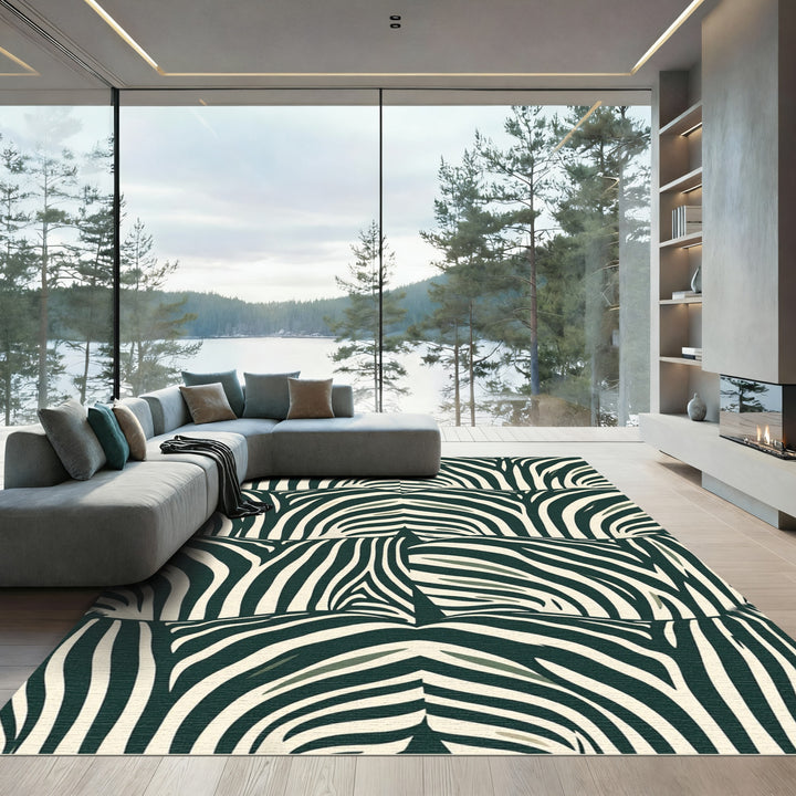 Dark Green Cream Zebra Stripe Rug