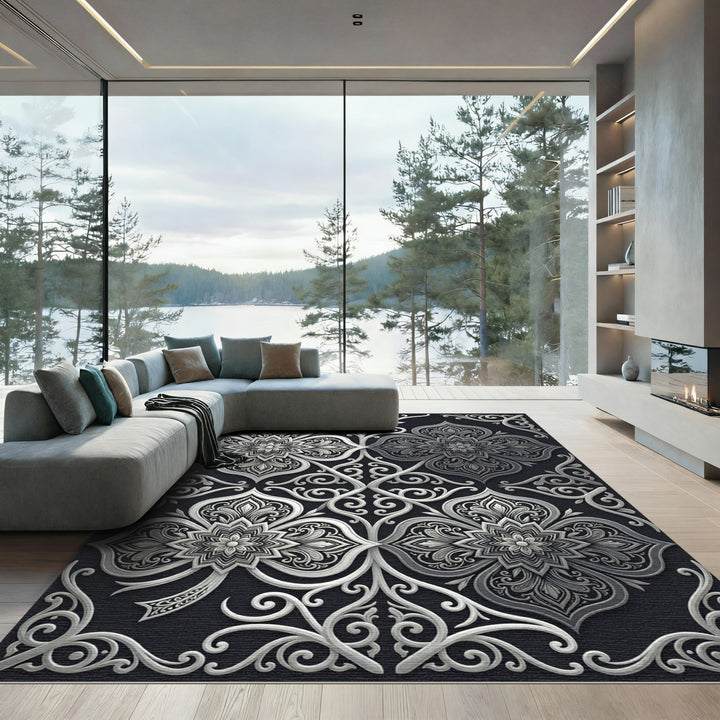 Intricate Silver Arabesque Scrollwork Rug