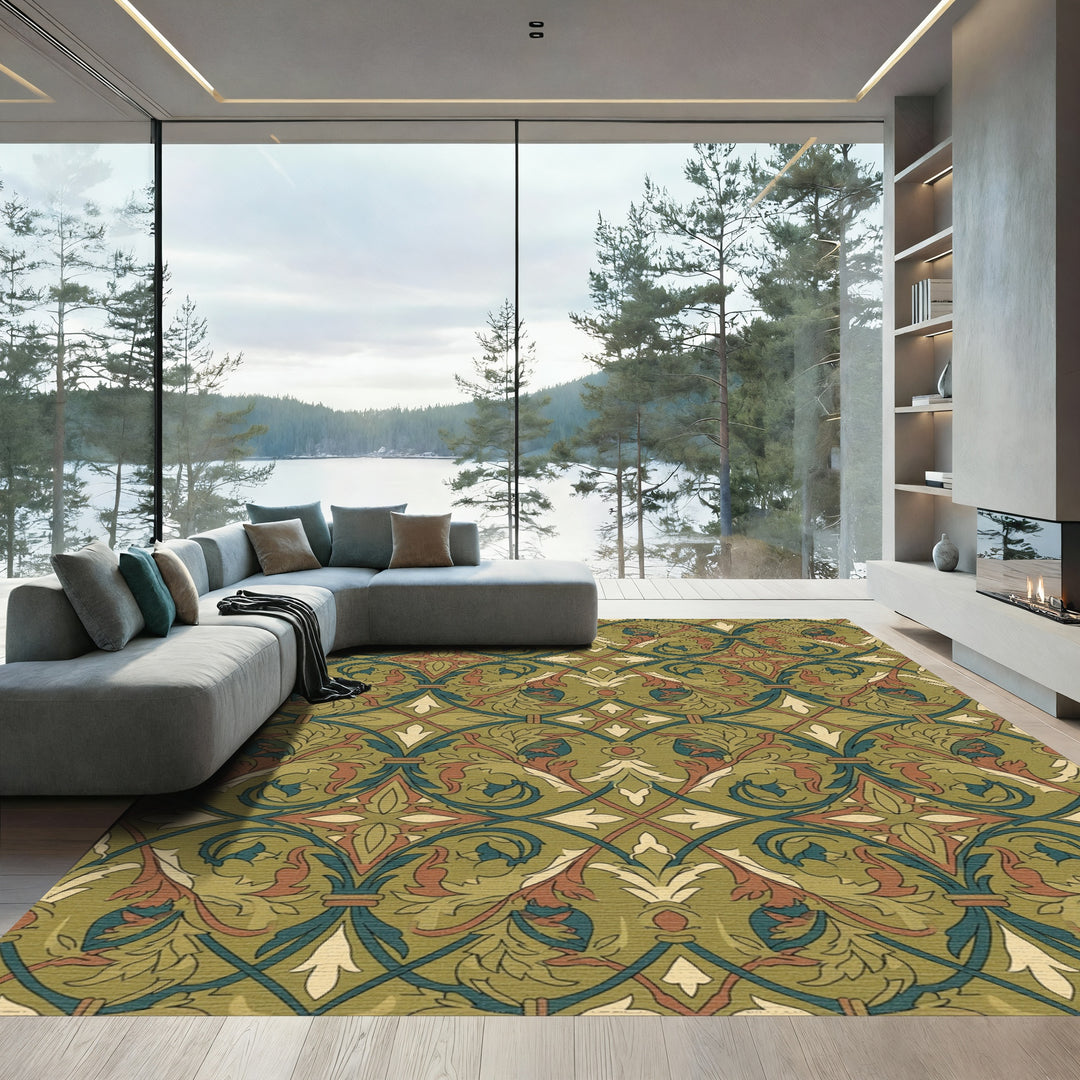 Olive Green Floral Interlace Rug