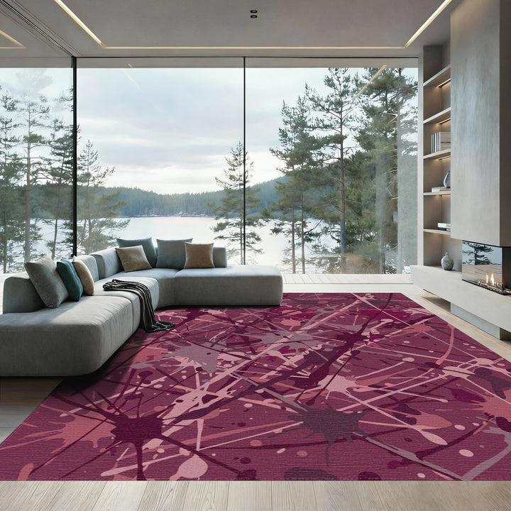 Burgundy Splatter Abstract Paint Rug