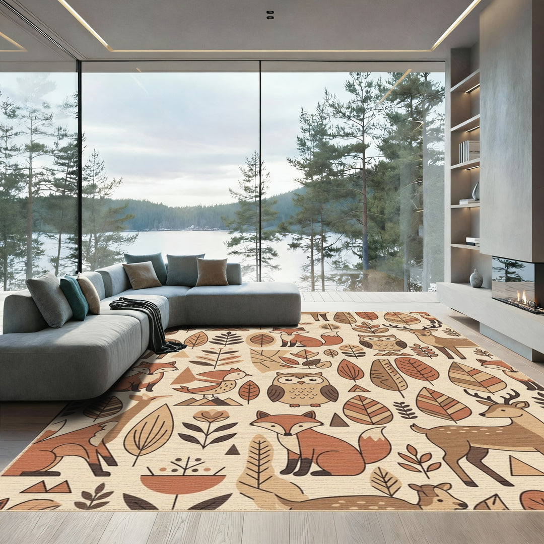 Woodland Creatures Forest Leaves Amber Tones Rug
