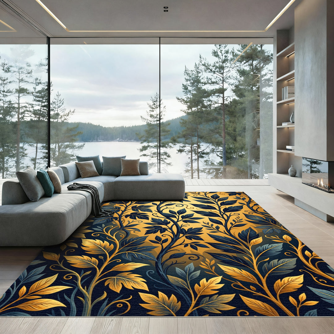 Navy Gold Botanical Swirls In Bloom Rug