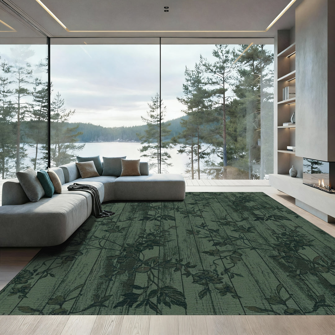 Dark Green Woodland Floral Vines Rug