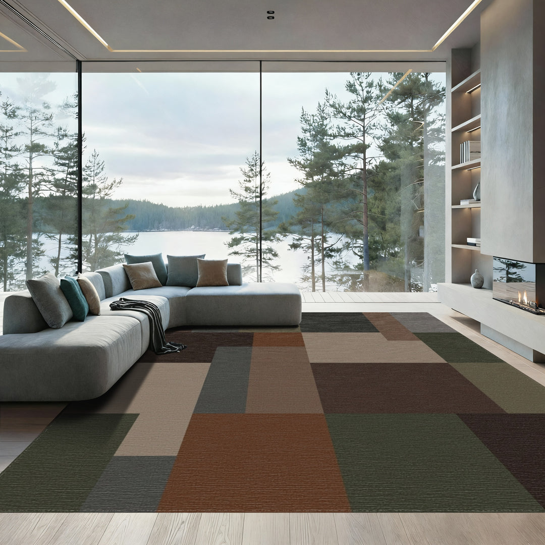Earthy Brown Abstract Geometric Blocks Rug