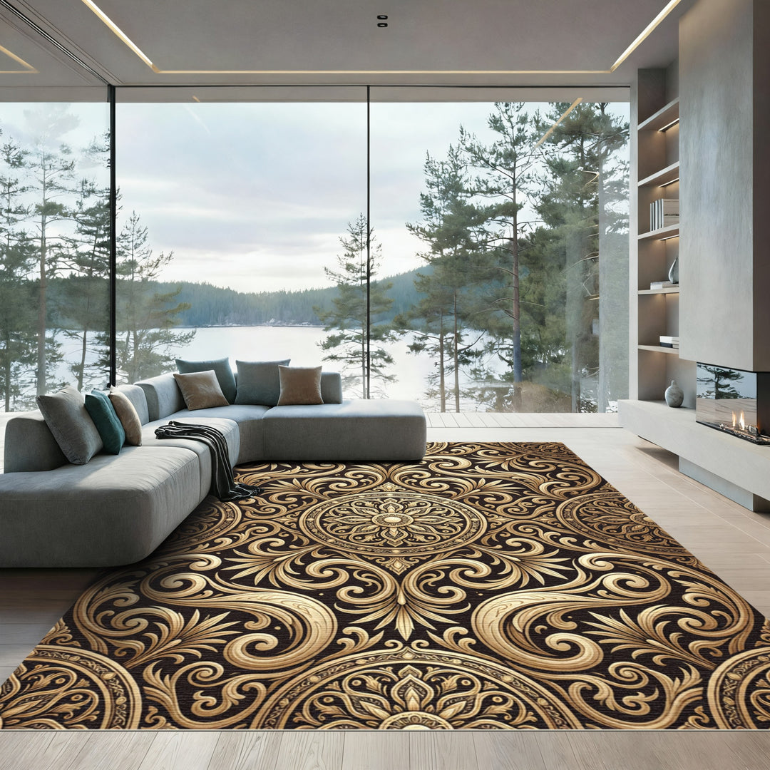 Ornate Gold Medallion Filigree Rug