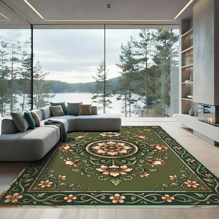 Vintage Green Floral Scroll Rug