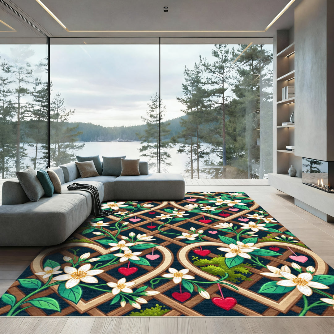 White Blossoms and Hearts Trellis Rug