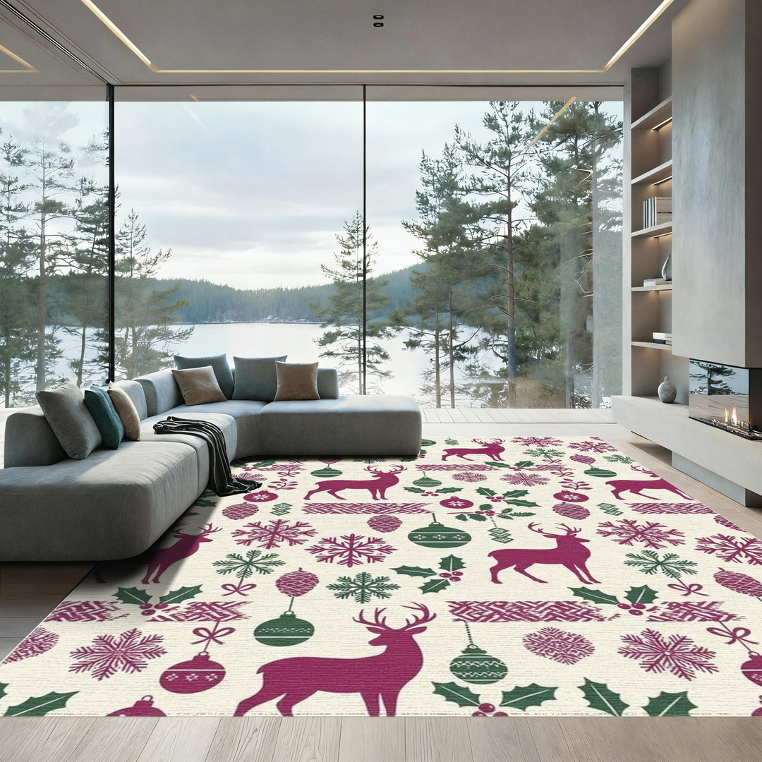 Deep Berry Reindeer Snowflake Holiday Accents Rug