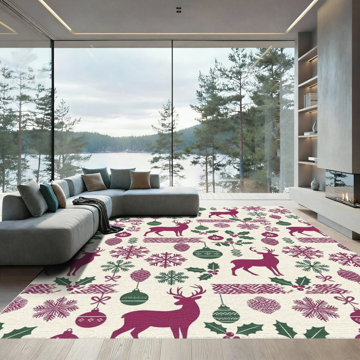 Deep Berry Reindeer Snowflake Holiday Accents Rug