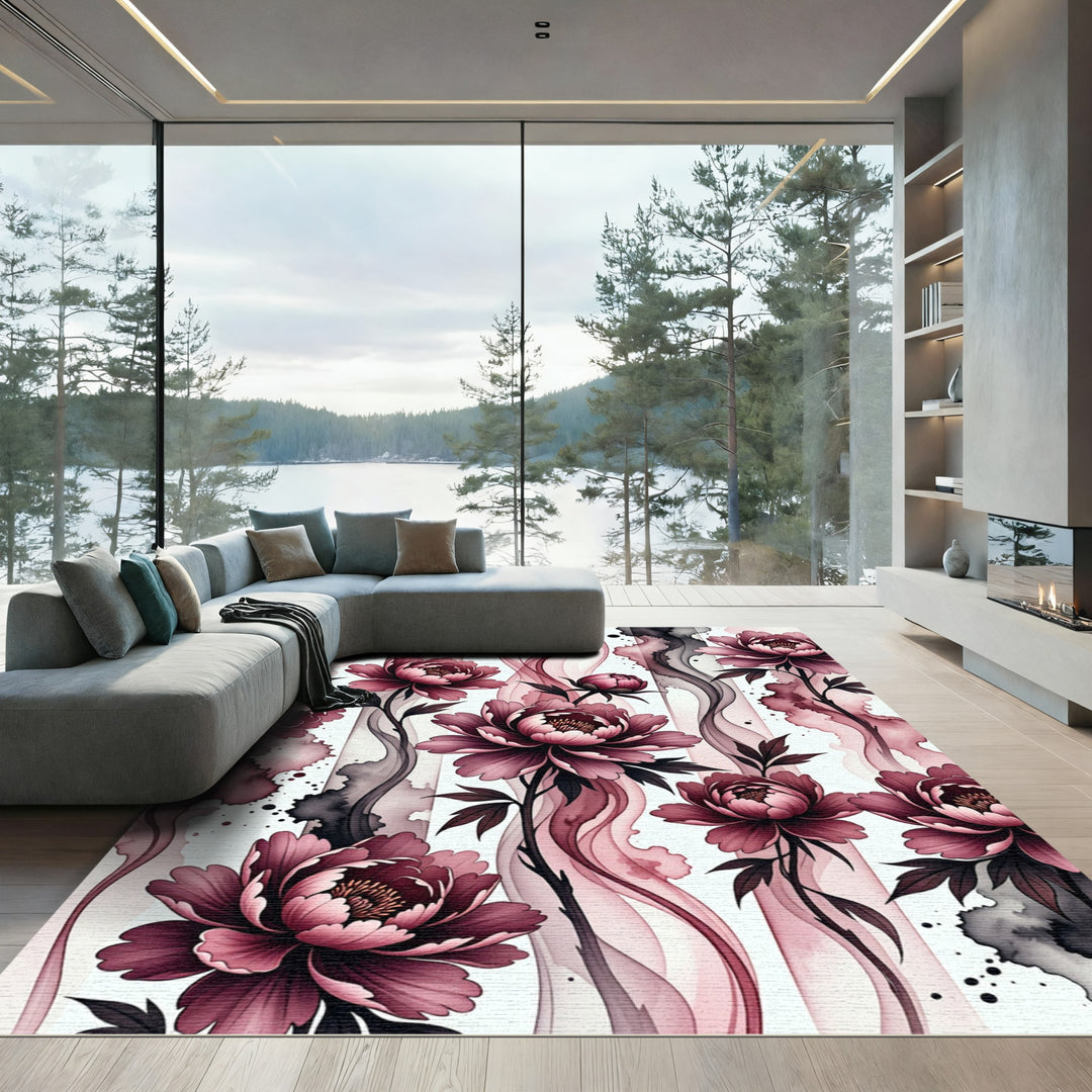 Deep Plum Floral Watercolor Swirls Rug