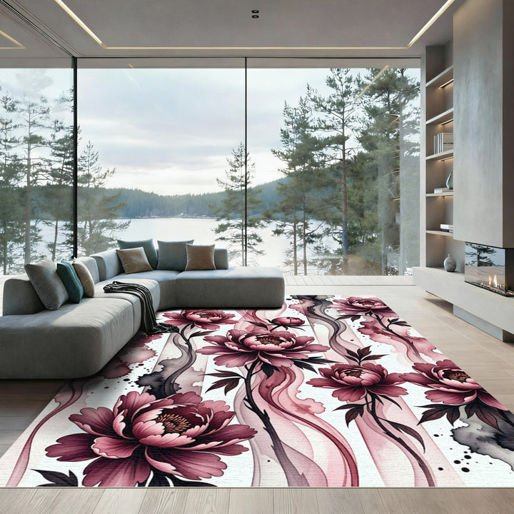 Deep Plum Floral Watercolor Swirls Rug