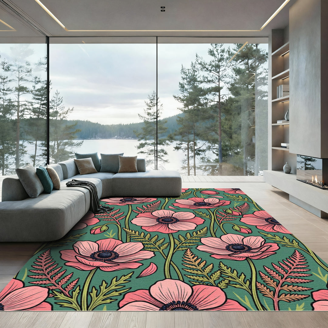 Pink Anemone Floral Vine Art Nouveau Rug