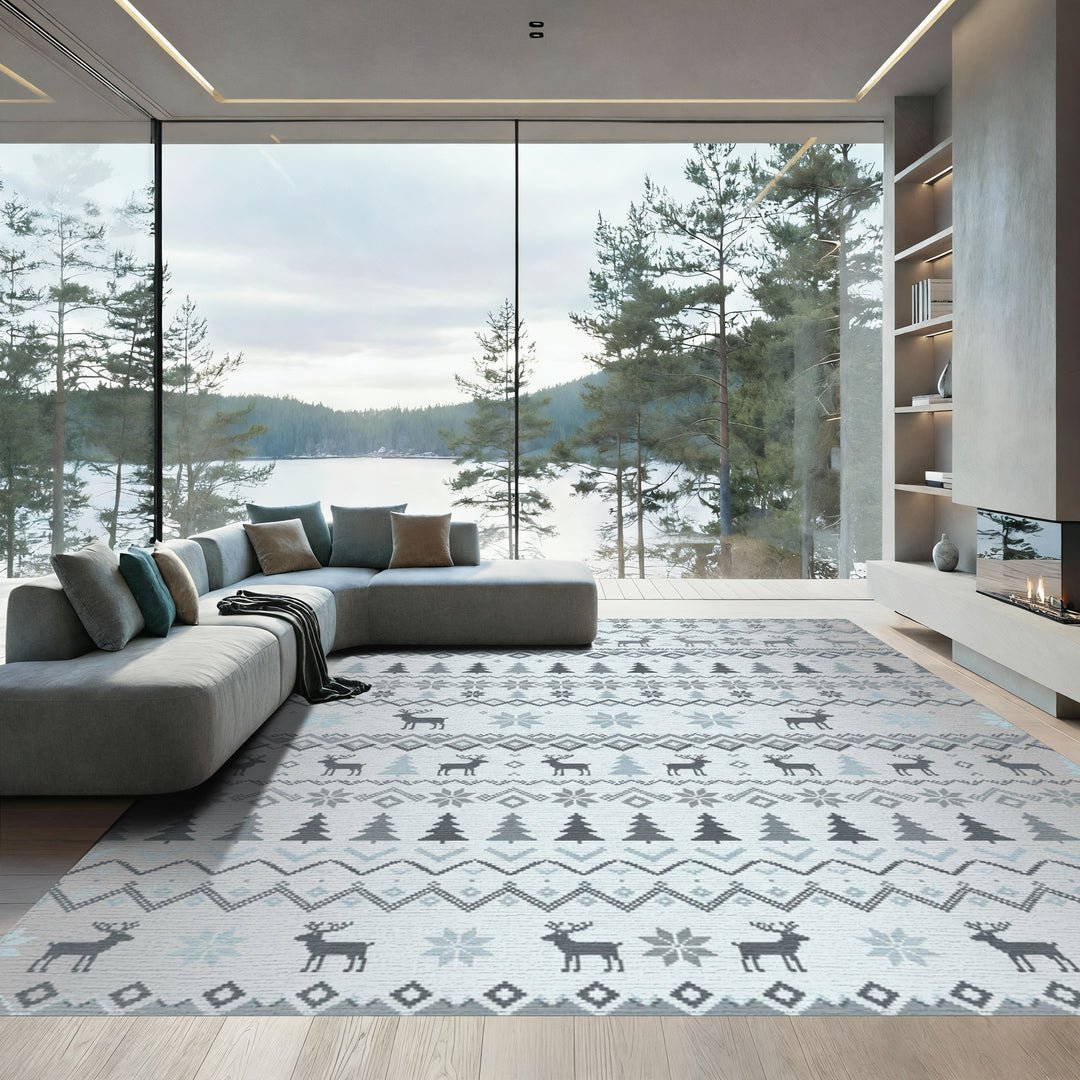 Silver Gray Reindeer Tree Nordic Rug