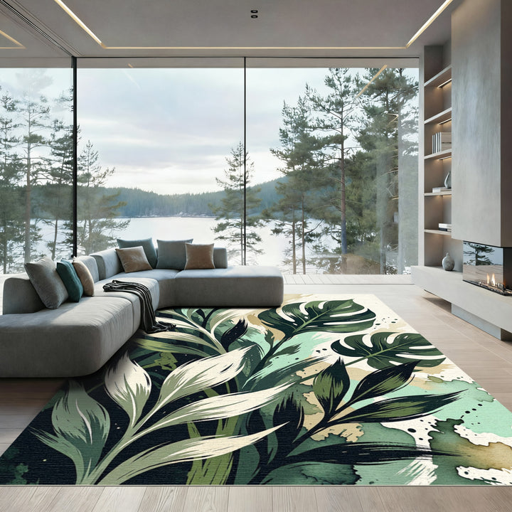 Abstract Emerald Green Leafy Splash Rug