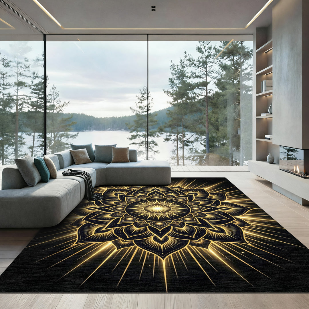 Radiant Golden Lotus Sunburst Rug