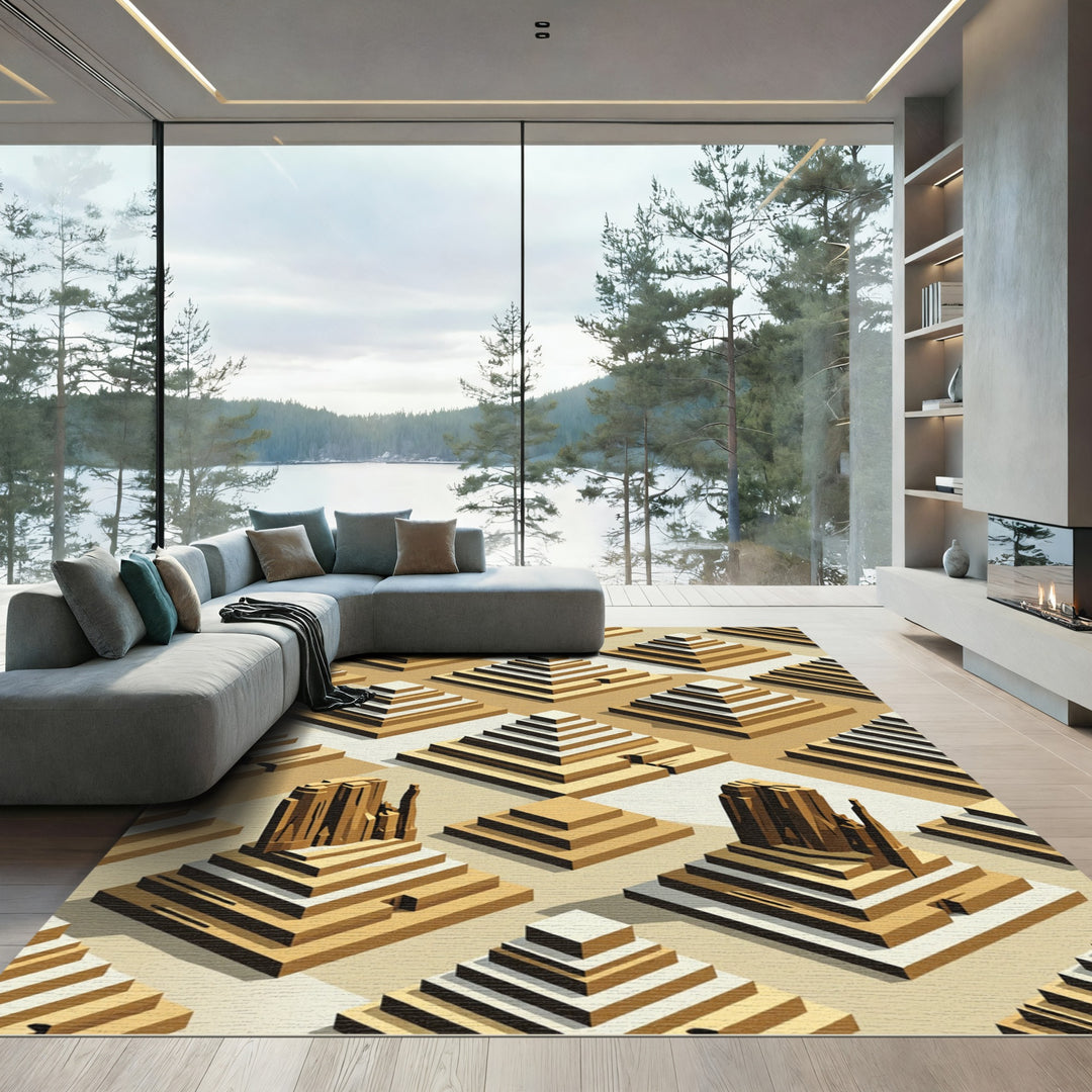 Golden Tiered Pyramid Architecture Rug