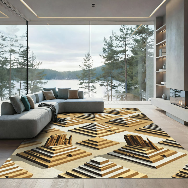 Golden Tiered Pyramid Architecture Rug
