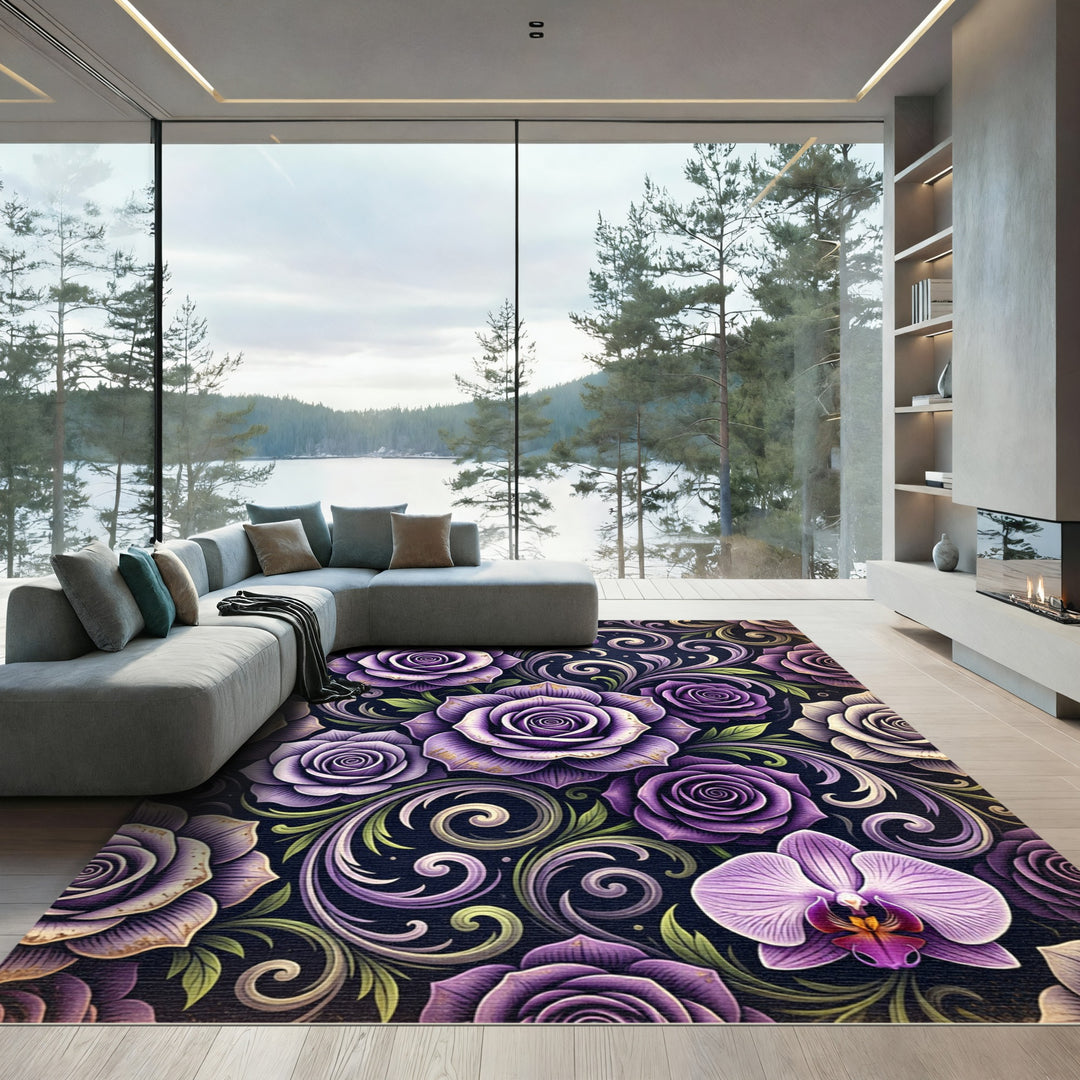 Purple Rose Orchid Scrollwork Rug