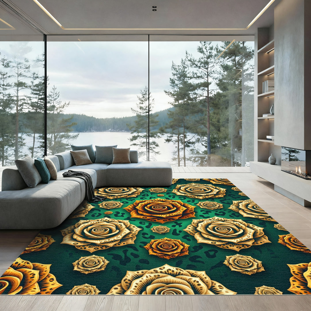 Gold Leopard Rose Floral Rug