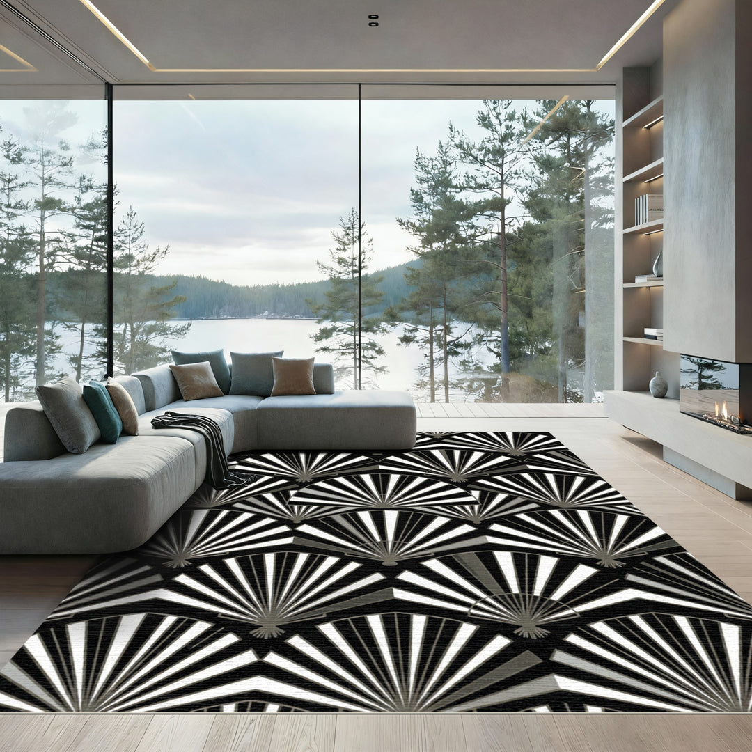 Black White Gray Fan Radiance Rug