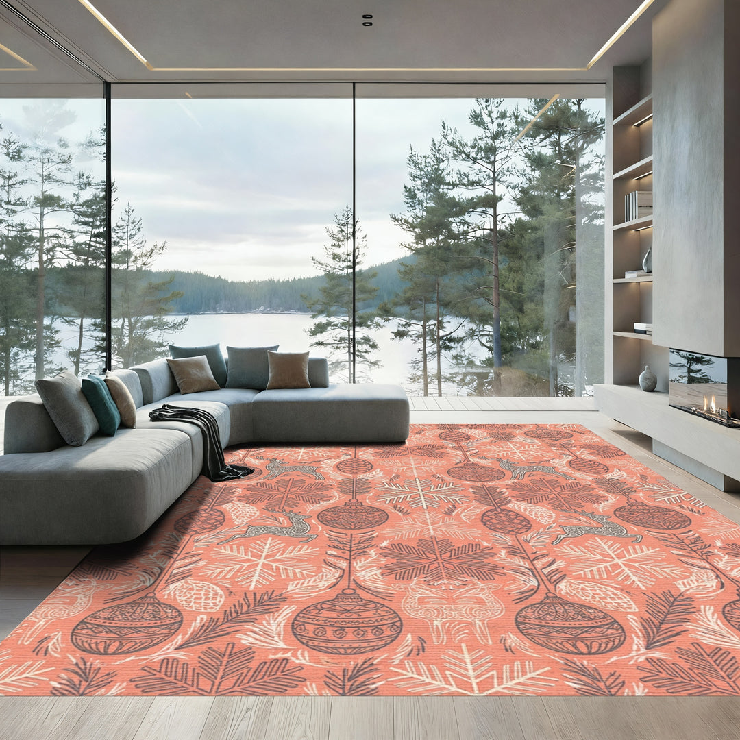 Coral Reindeer Snowflake Ornament Tree Rug