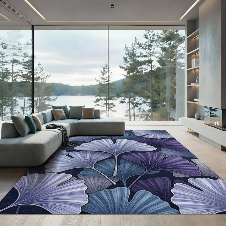 Cool Indigo Ginkgo Leaf Collage Rug