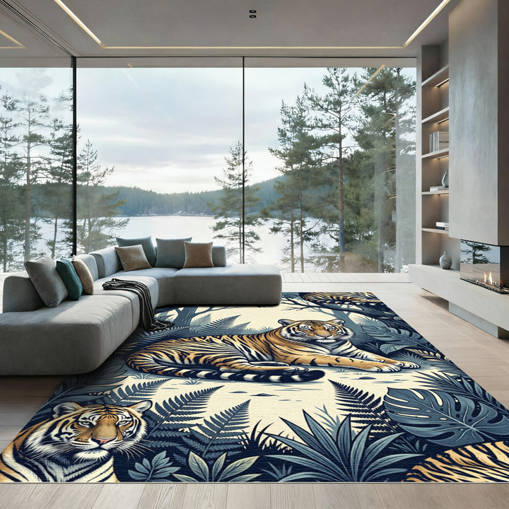 Vibrant Tiger Jungle Lush Foliage Rug
