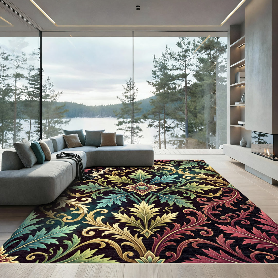 Ornate Golden Teal Red Leaf Rug