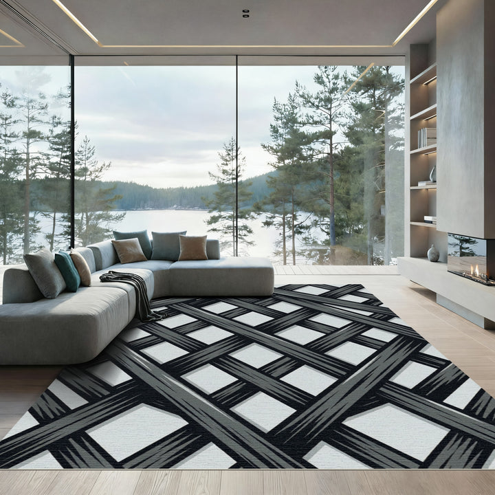 Gray Interwoven Geometric Lattice Rug