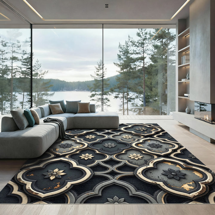 Dark Quatrefoil Floral Embossed Rug