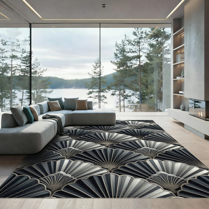 Art Deco Black Silver Fan Rug