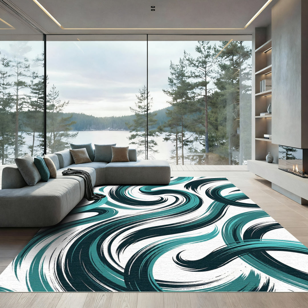 Ocean Blue Swirling Brushstroke Rug