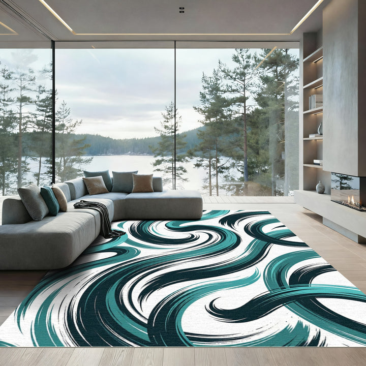 Ocean Blue Swirling Brushstroke Rug