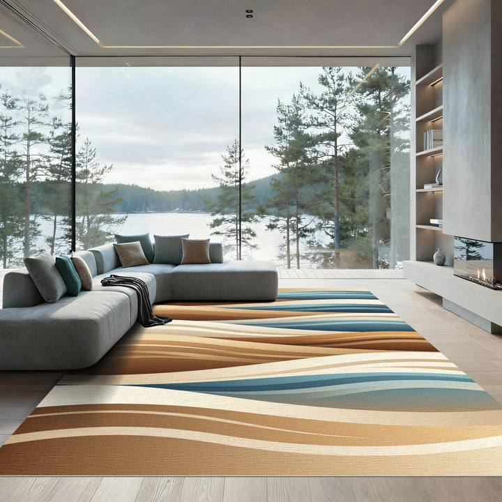 Abstract Earthy Beige Wave Rug