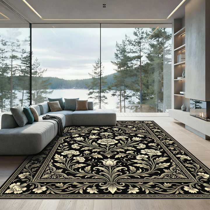 Black Cream Floral Vine Scroll Rug