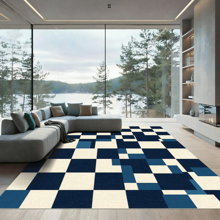 Abstract Blue Chessboard Geometric Rug