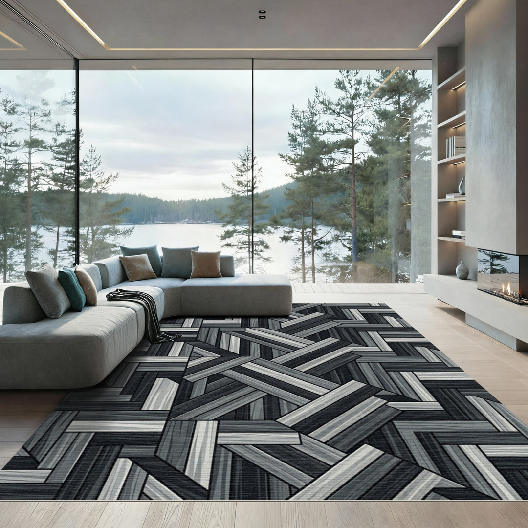 Monochromatic Wood Plank Herringbone Rug