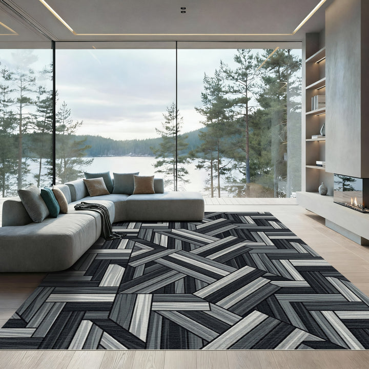 Monochromatic Wood Plank Herringbone Rug