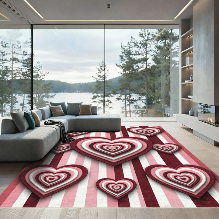 Layered Hearts On Pink Striped Rug