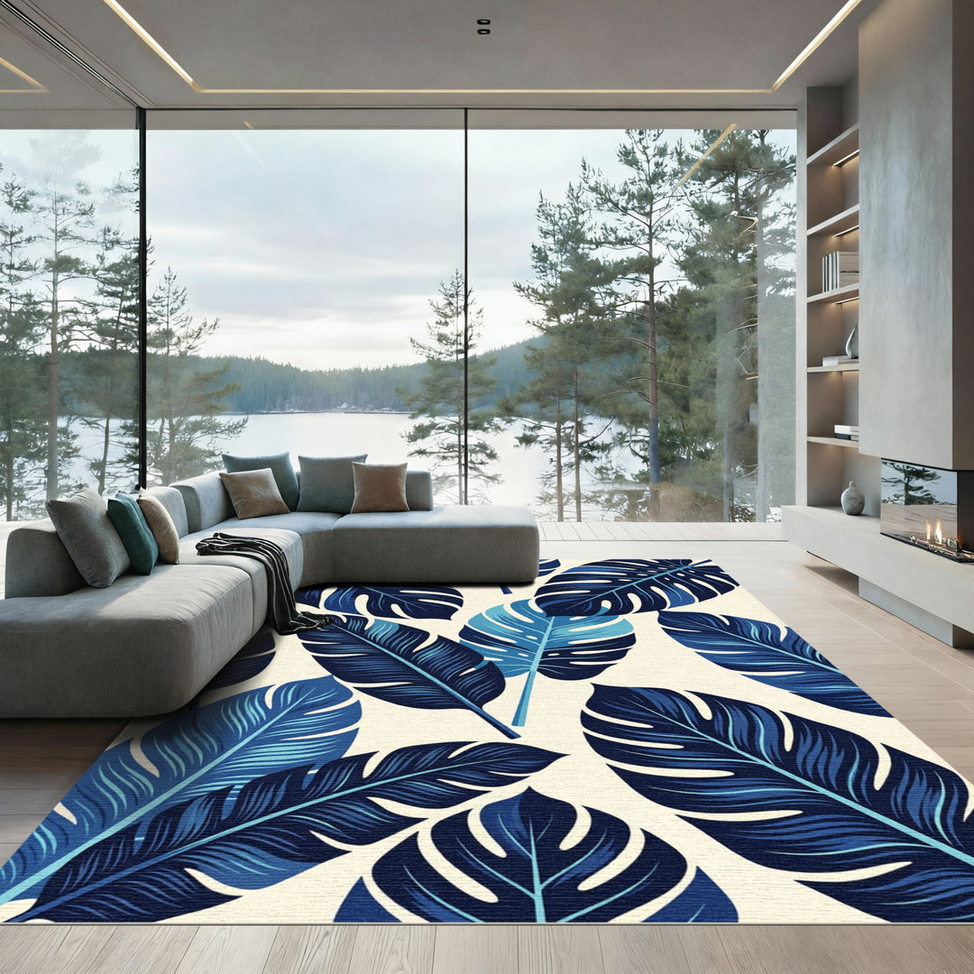 Deep Blue Tropical Monstera Leaf Rug