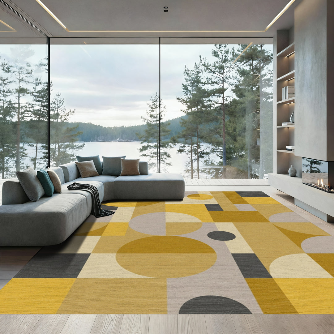 Mustard Yellow Geometric Circles Squares Rug