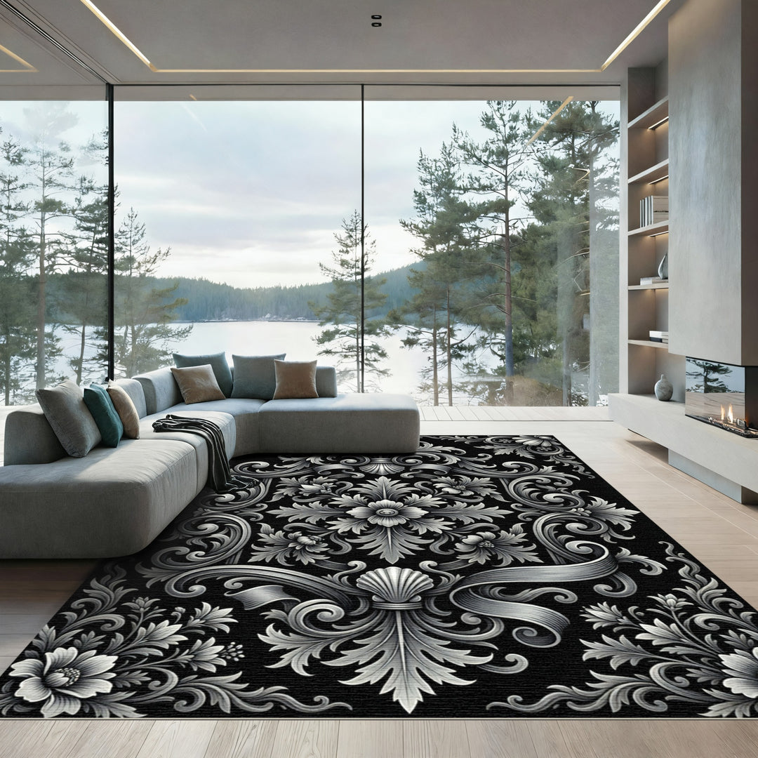 Ornate Gray Floral Scrollwork Rug