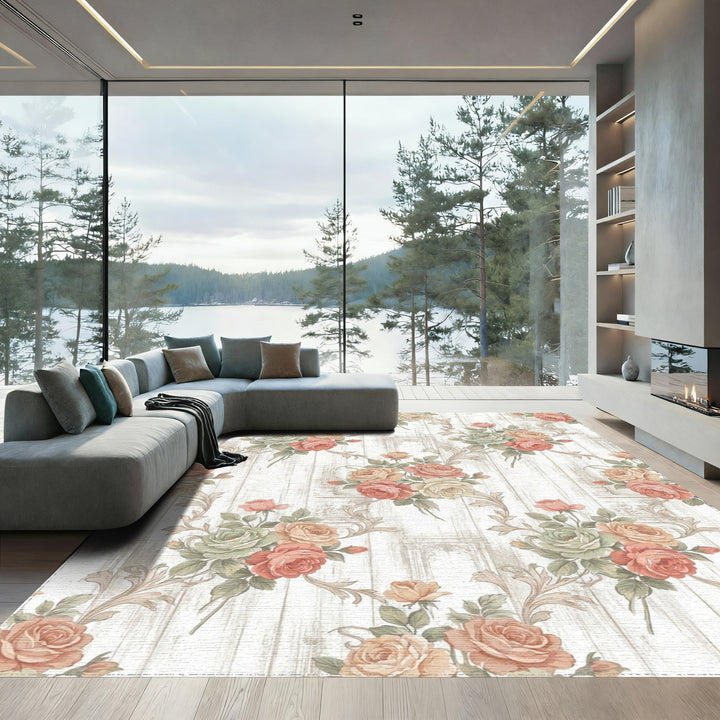 Vintage Rose Floral Wood Grain Arrangement Rug