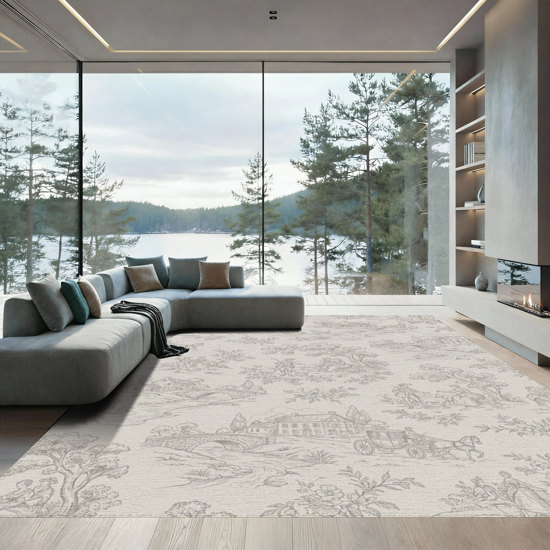 Pastoral Landscape Scenes Beige Grey Rug