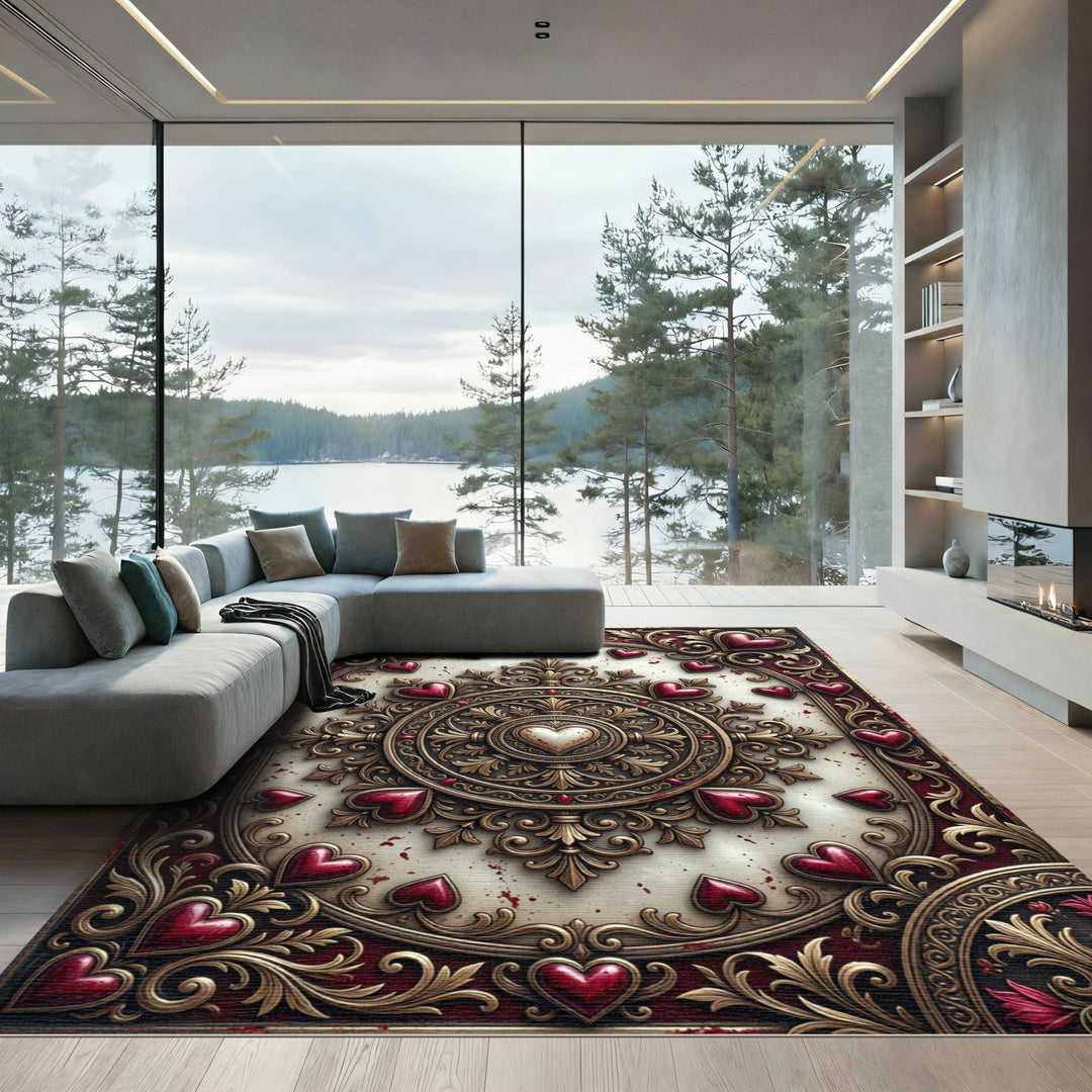 Ornate Red Hearts Golden Medallion Rug