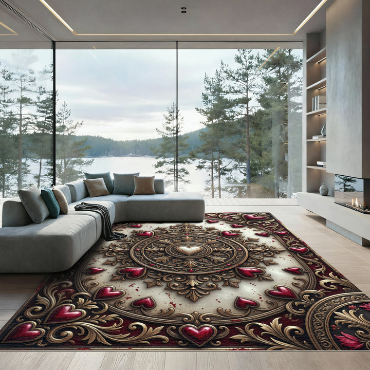 Ornate Red Hearts Golden Medallion Rug